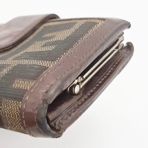 Fendi Zucca Bifold Snap Brown & Tan Leather Jacquard Small Wallet 5.25" X 3.25" - Picture 4 of 16